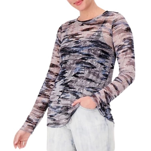 LOGO Layers by Lori Goldstein Printed Sheer Lace Top Sz L - Picture 1 of 10